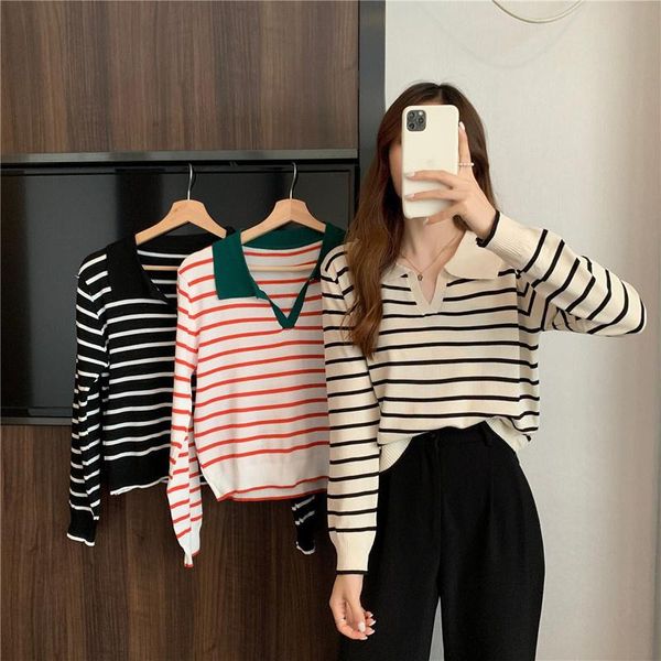 

women's sweaters real s french retro v-neck striped long-sleeve t-shirt, White;black