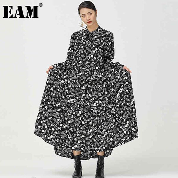 

[eam] women black blue big size printing dress stand collar long sleeve loose fit fashion spring autumn 1dd5917 210512, Black;gray