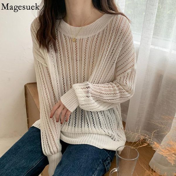 

women's blouses & shirts hollow out o neck knitted blouse women korean autumn retro sunscreen sweater long sleeve white thin loose lady