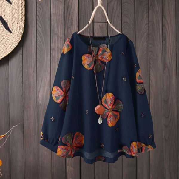 

women's blouses & shirts flower print women long sleeve o-neck ladies vintage blouse chemise oversize femme loose, White