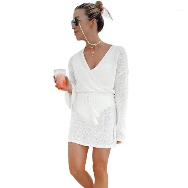 

women's swimwear summer v-neck sweater sunscreen beach mini dress seaside vacation female bikini swimsuit cover ups black white, White;black