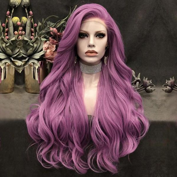 

synthetic wigs soft 24 inches preplucked purple long water wave lace front wig with baby hair heat temperature daily/ drag queen, Black