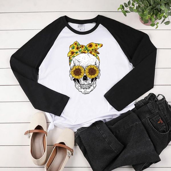 

women's t-shirt vogue skull sunflowers scarf print long sleeve t-shirts women autumn winter tshirt casual two-tone stiching for teens, White