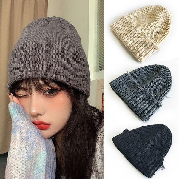 

beanie/skull caps winter harajuku beanie fashion hole knitted warm women hat cap solid color men hip hop skullcap, Blue;gray