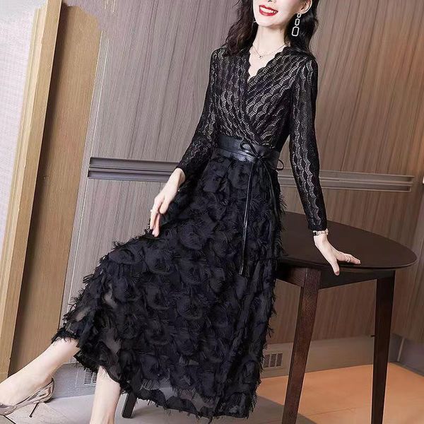 

casual dresses dress 2021 autumn and winter hepburn wind long royal sister temperament light cooked sleeve lace bottoming female, Black;gray