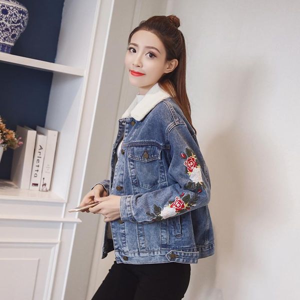 

women's jackets woman winter warm casual denim jacket long ladies fashion embroider single-breasted female loose coat c 833, Black;brown