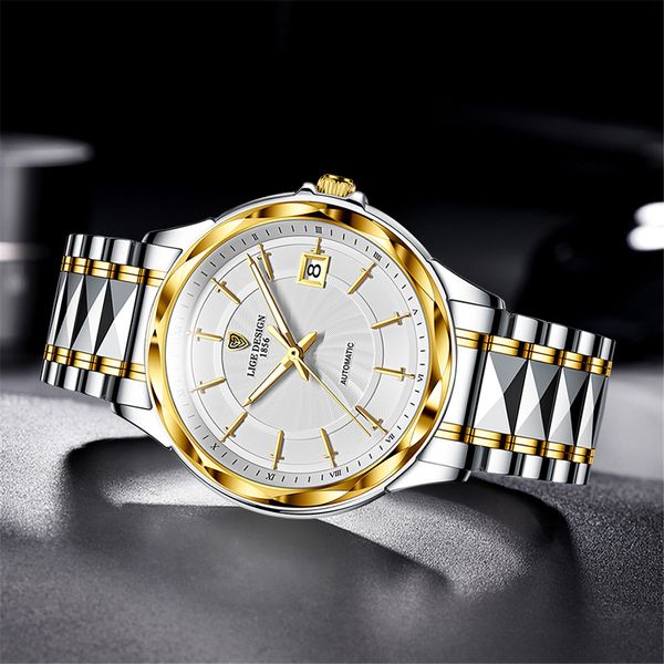 

lige new sapphire glass automatic mechanical watch luxury tungsten steel 50m waterproof business watch men watches reloj hombre