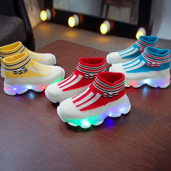 

2021 summer childrens socks shoes for boys and girls led new flying woven breathable sports kids shoes korean version cs128, Black