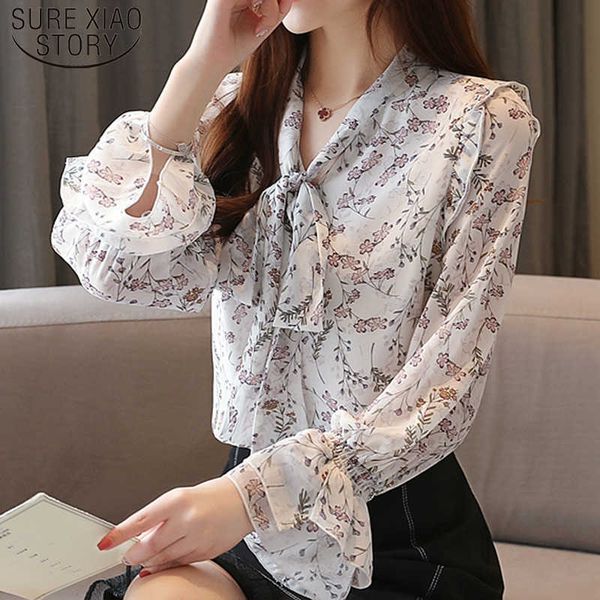 

blusas mujer de moda spring autumn chiffon women shirts long sleeve printed bow tie women blouses sweet plus size 7025 50 210527, White