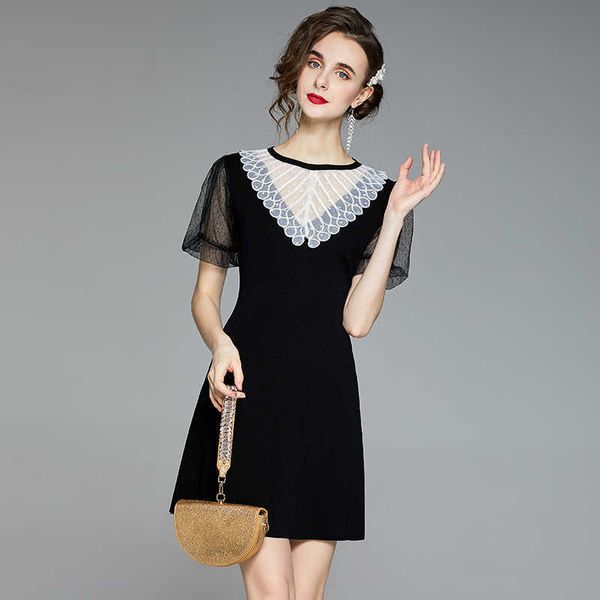 

women summer designer elegant patchwork mesh dress slim cocktail party robe ladies black vintage mini dress vestidos 210525, Black;gray