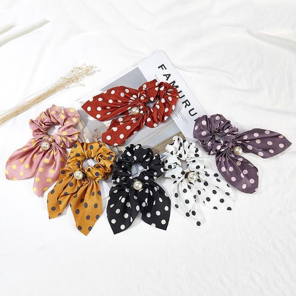

women dot pearl printed ears bowknot elastic large intestine hair rope metal circle ring connected ponytail holder1
