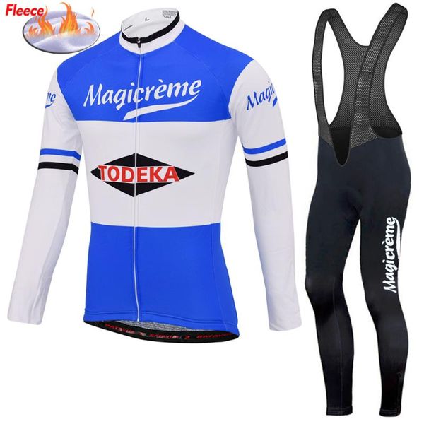 

racing sets retro man magicreme blue long sleeve cycling jersey black bib trousers bike winter fleece & thin bicycle clothing wear, Black;blue