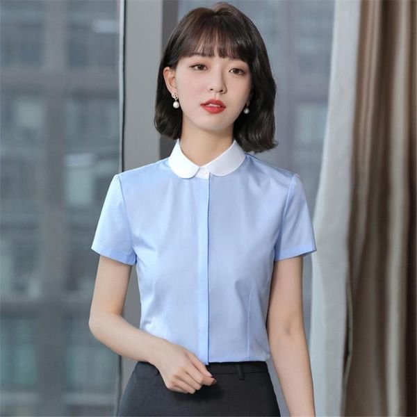 

women's blouses & shirts plus size s-5xl women blouse summer short sleeve doll collar office ladies hidden button shirt white blue
