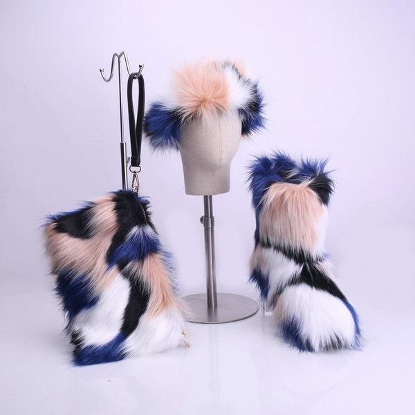 

fur headband and boots winter shoes woman snow furry boot 2021 female ankle with bag, Black