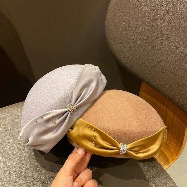 

berets winter ribbon bow wool for ladies korean version of rhinestone decoration casual painter woman hats, Blue;gray