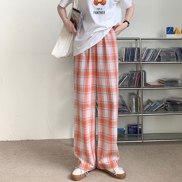 

2colors spring summer high elastic waist wide leg trousers female casual plaid pants (x1924) 210508, Black;white