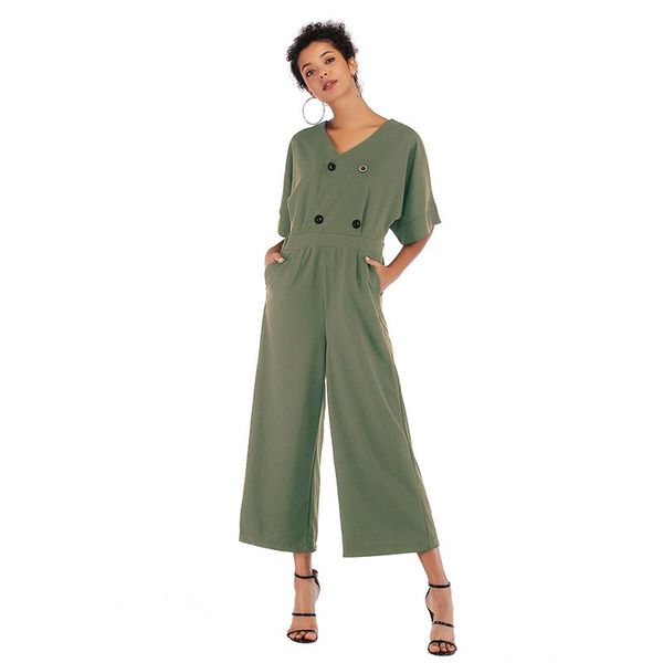 

women's jumpsuits & rompers 2021 loose casual nine-point v-neck jumpsuit women solid color wide-leg chiffon summer short-sleeved high-r, Black;white