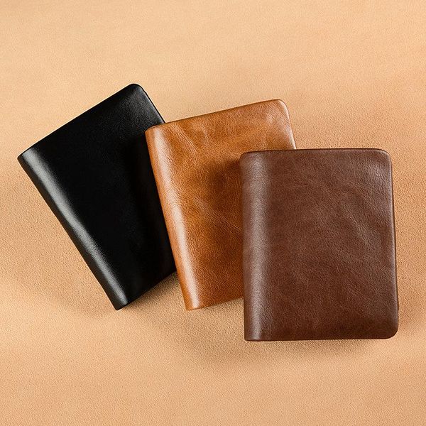

wallets vintage oil wax leather short wallet rfid anti-theft brush multi-function large-capacity double zipper coin purse, Red;black