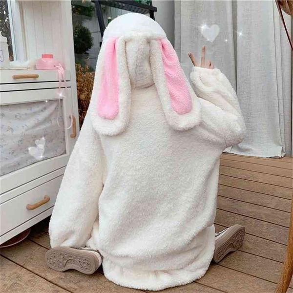 Deeptown Kawaii Hoodies Frauen Winter Plus Größe Mode Bunny Ohren Sweatshirt Langarm Nette Tops Warm Zip Up 210803