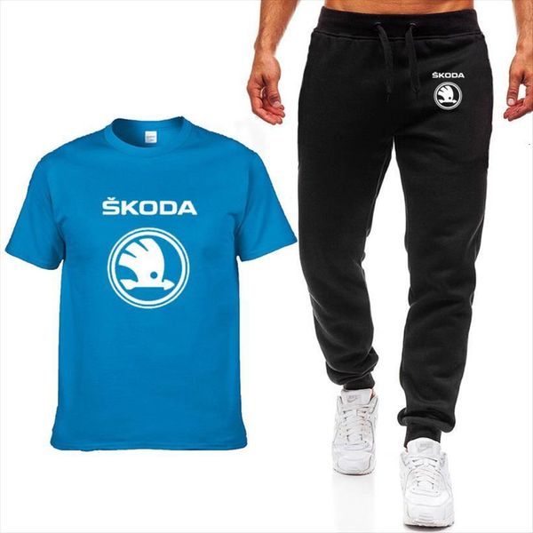 

casual t shirt pants suit mens tracksuit skoda car printing fashion short sleeve round neck cotton 2 piece, Gray