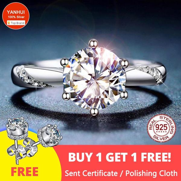 

cluster rings with certificate luxury white gold 925 silver ring 2ct zirconia diamond wedding band women anniversary gift (sent earring, Golden;silver