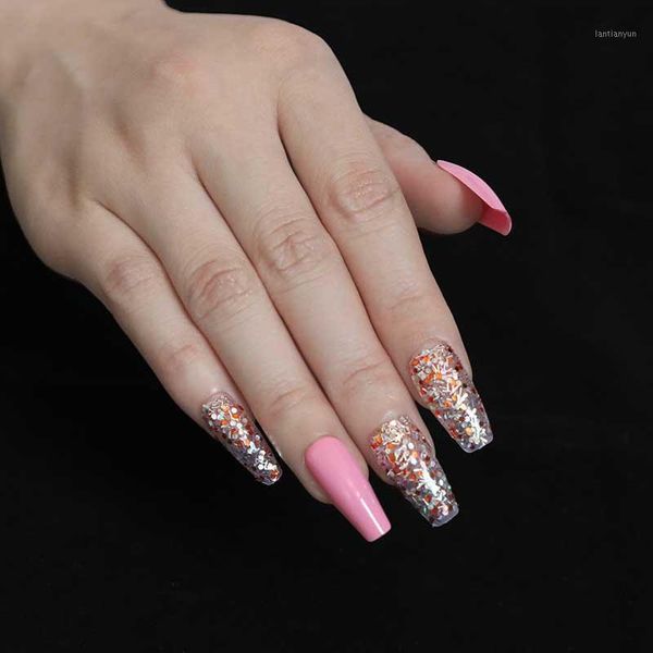

24pcs irregular sequins decorative false nails press on patch pink color ballet coffin full cover wearable nail diy beauty tool1, Red;gold