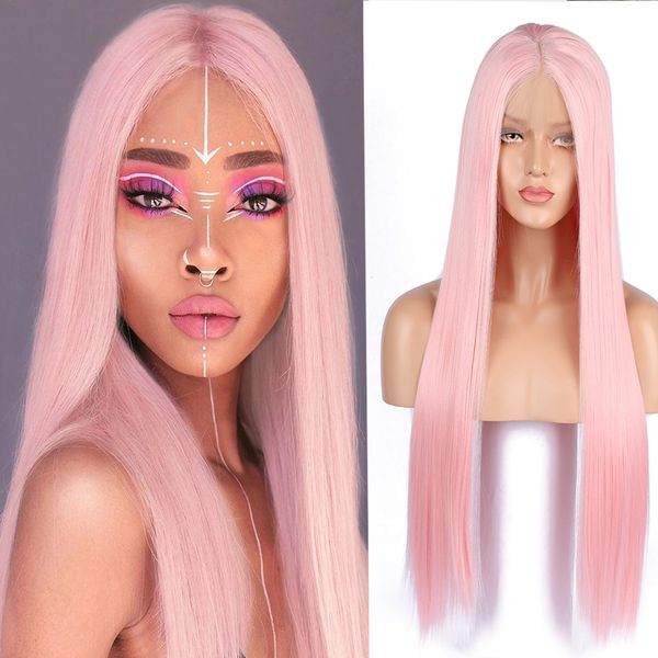 

hightemperature pink synthetic lace front wig long 26 silky straight fiber lace front wig cosplay wigs for black women