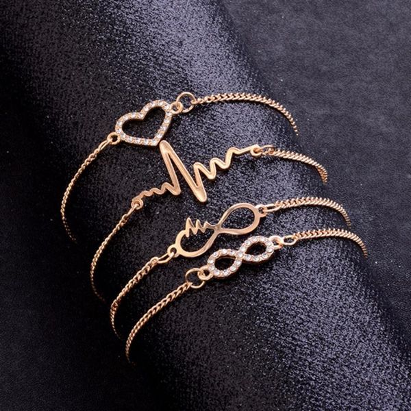 

cuff sainio 4pcs/set crystal heart bracelet bangle for women geometric gold chain bracelets charming jewelry pulseira feminina, White
