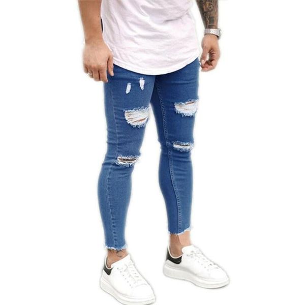 

men's jeans skinny men pants hole stretch ripped casual slim fit denim solid long trousers clothing, Blue