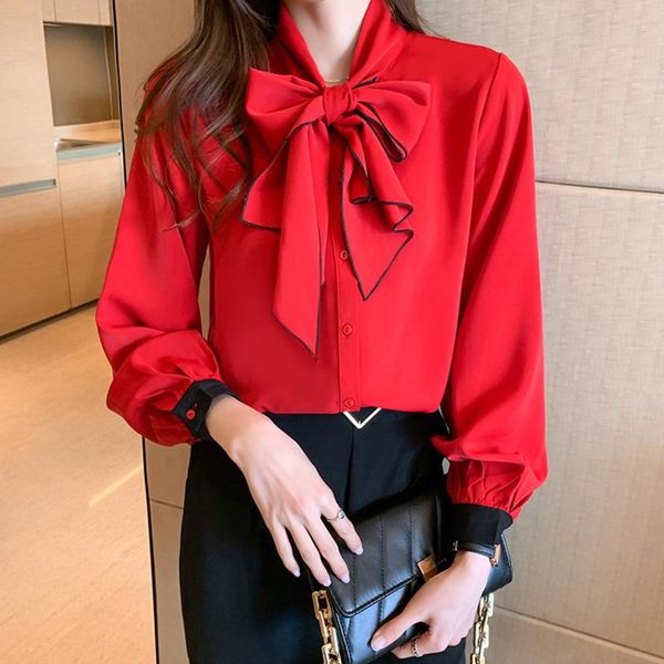 

women's blouses & shirts #2053 red green chiffon women bow collar casual office long sleeved loose ladies cute blouse, White