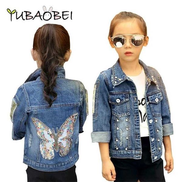 Große Mädchen Denim Jacke Strickjacke Mantel Kinder Jean Outwear Schmetterling Stickerei Pailletten Kinder Kleidung Frühling Kleidung 211204