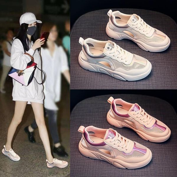 

sandals hollow breathable white shoes women 2021summer mesh all-match thick-soled casual sports heel step on student, Black