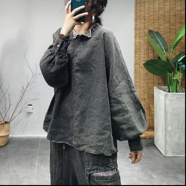 

linen patchwork flax retro womens shirts spring autumn plus size, White