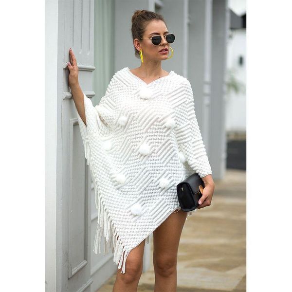 

scarves women cute pom poms pullover sweater rhombus striped knitted shawl wrap fringe tassels hem v-neck winter poncho cape, Blue;gray