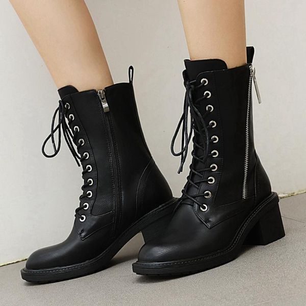 

boots brand fashion zipper winter woman shoes square heels vintage motorcycles female feetwear, Black