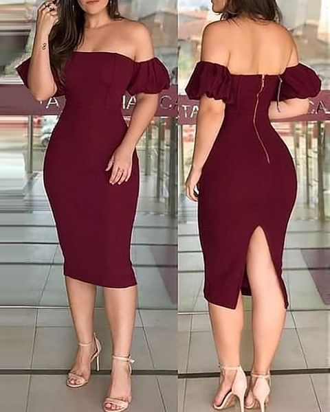 

casual dresses off shoulder plain zipper design back slit dress, Black;gray