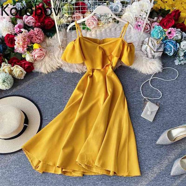 Korobov Mode Slash Neck Spaghetti Strap Kleid Koreanische Rüschen Solide A-Linie Kleider Sommer Hohe Taille Vestidos Femme 210430