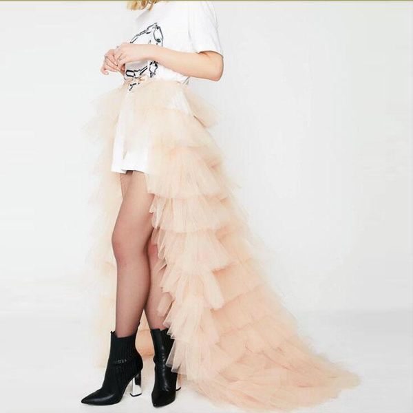 

trendy champagne ruffles tulle wrap skirts sash bow tiered long skirt women bridal train over-skirt faldas mujer moda, Black