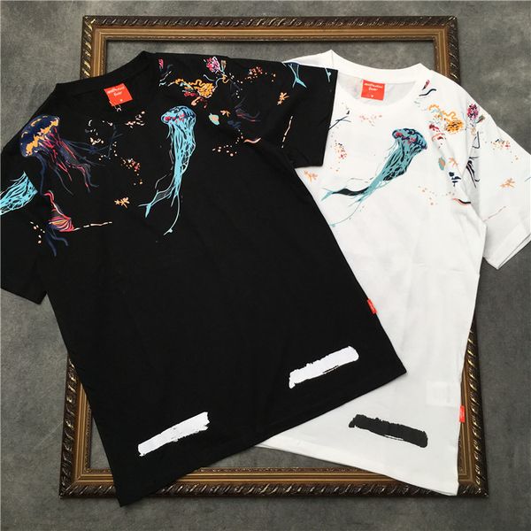 

floral stripes all over the body with splashed ink printed t-shirts men and women pure cotton round neck anti-shrink short sleeve tee, White;black