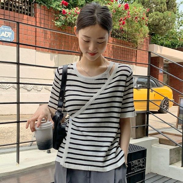 

women's t-shirt korean chic long sleeve summer french round neck design fake two diagonal stripe short sweater top, White