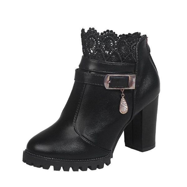

boots women boot autumn vintage chunky belt buckle ankle korean version of high-heel fashion lace, Black