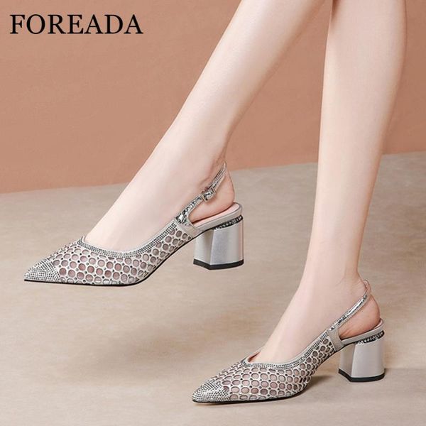 

dress shoes foreada women natural genuine leather square high heels fashion sheepskin pointed toe slingbacks buckle strap lady, Black