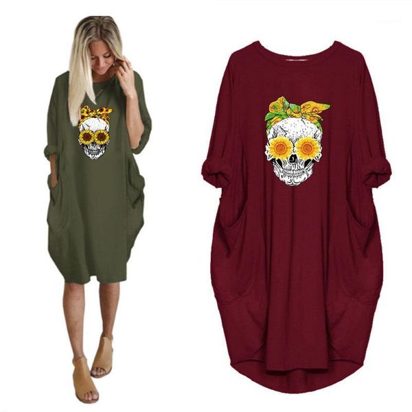 

black casual long sleeve women sunflower&skull print dresses plus size o neck pocket loose vintage vestidos femme autumn clothes, Black;gray