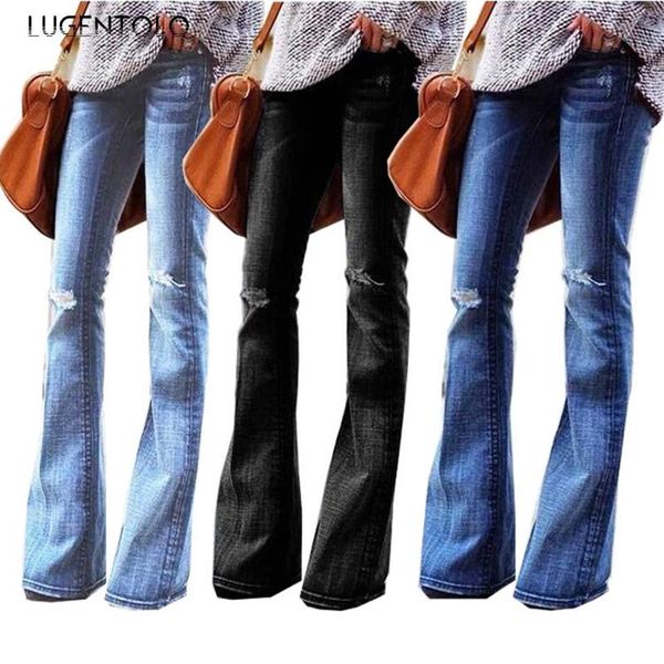 

lugentolo slim jeans women solid mid waist ripped large size female casual fashion pocket elasticity long women's, Blue