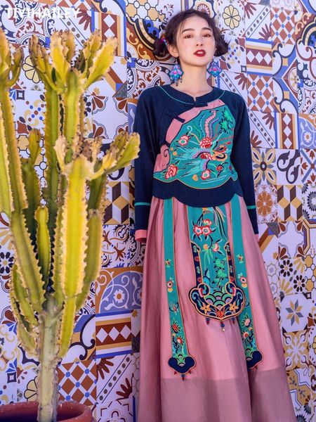 

mid-calf spring autumn women blue and pink s-l national chinese style embroidery dresses o-neck full sleeve casual, Black;gray