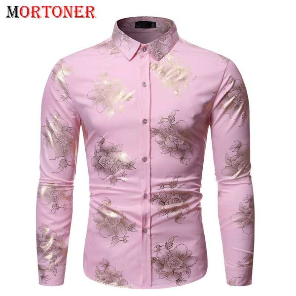 

men's luxury floral shiny print pink shirt 2021 brand slim fit long sleeve mens dress shirts casual button down social camisas, White;black