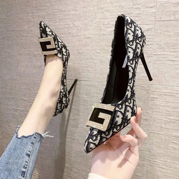 

dress shoes temperament elegant womens korean square buckle rhinestones high heels stiletto pointed shallow mouth single, Black