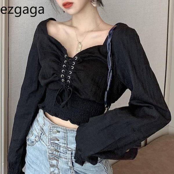 

women's blouses & shirts ezgaga crop women blouse square collar off shoulder backless solid slim long sleeve ladies bandage casual, White