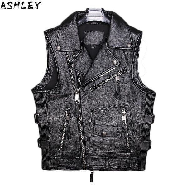 

brown 2021 vintage men american style biker's leather vest plus size 6xl genuine thick cowhide autumn short motorcycle v men's ves, Black;white