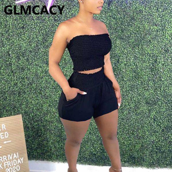 

two piece summer suits off shoulder bandeau crop & bodycon shorts set 210702, White